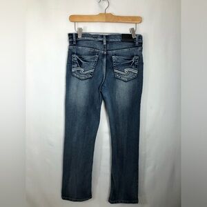 Girls Silver Jeans. 30/26. Has adjustable elastic band waist .